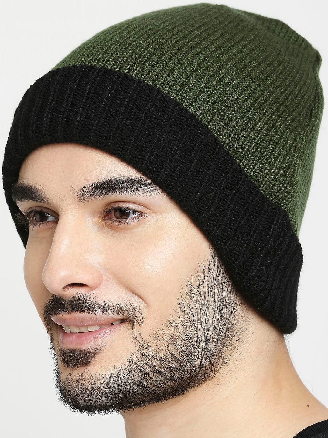 Men Olive & Black Acrylic Beanie Cap - Image 4