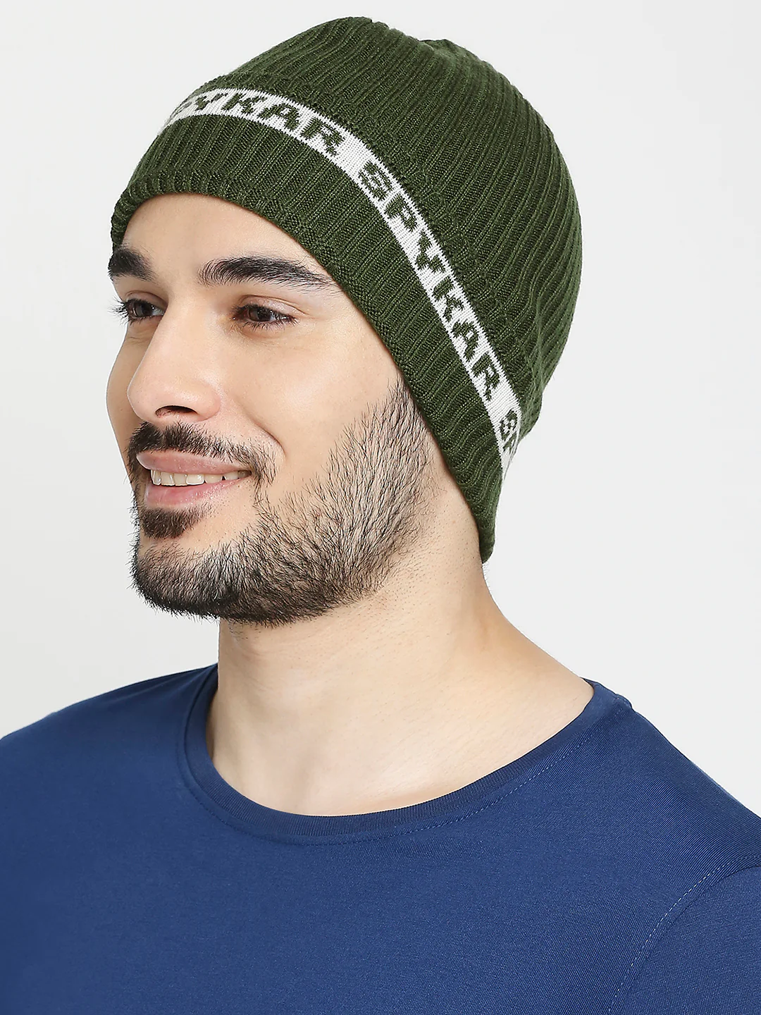 Men Olive Acrylic Beanie Cap - Image 2