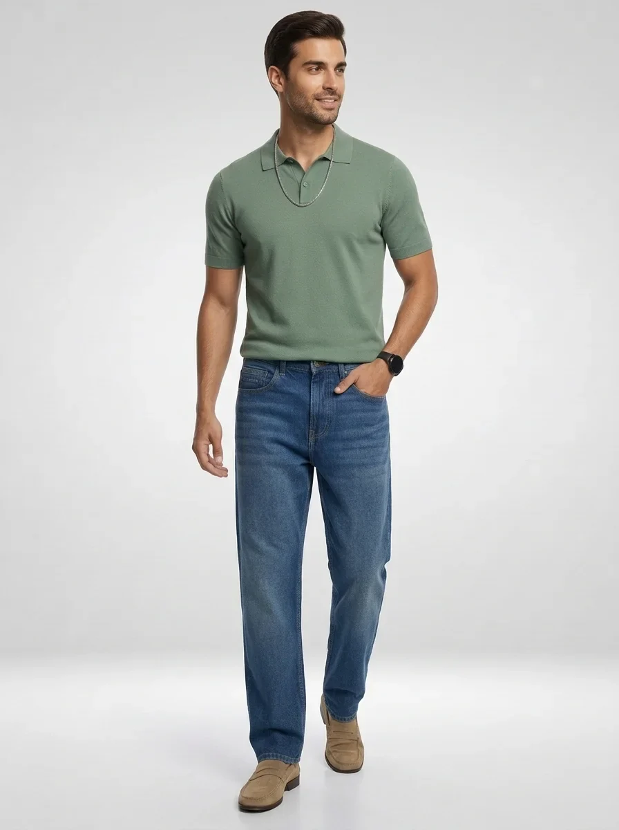 Men Jeans Loose Fit Vintage Blue Mid Rise