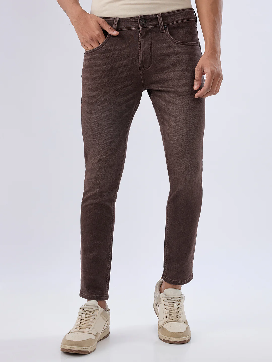 Men Kano Jeans Slim Fit Brown Mid Rise