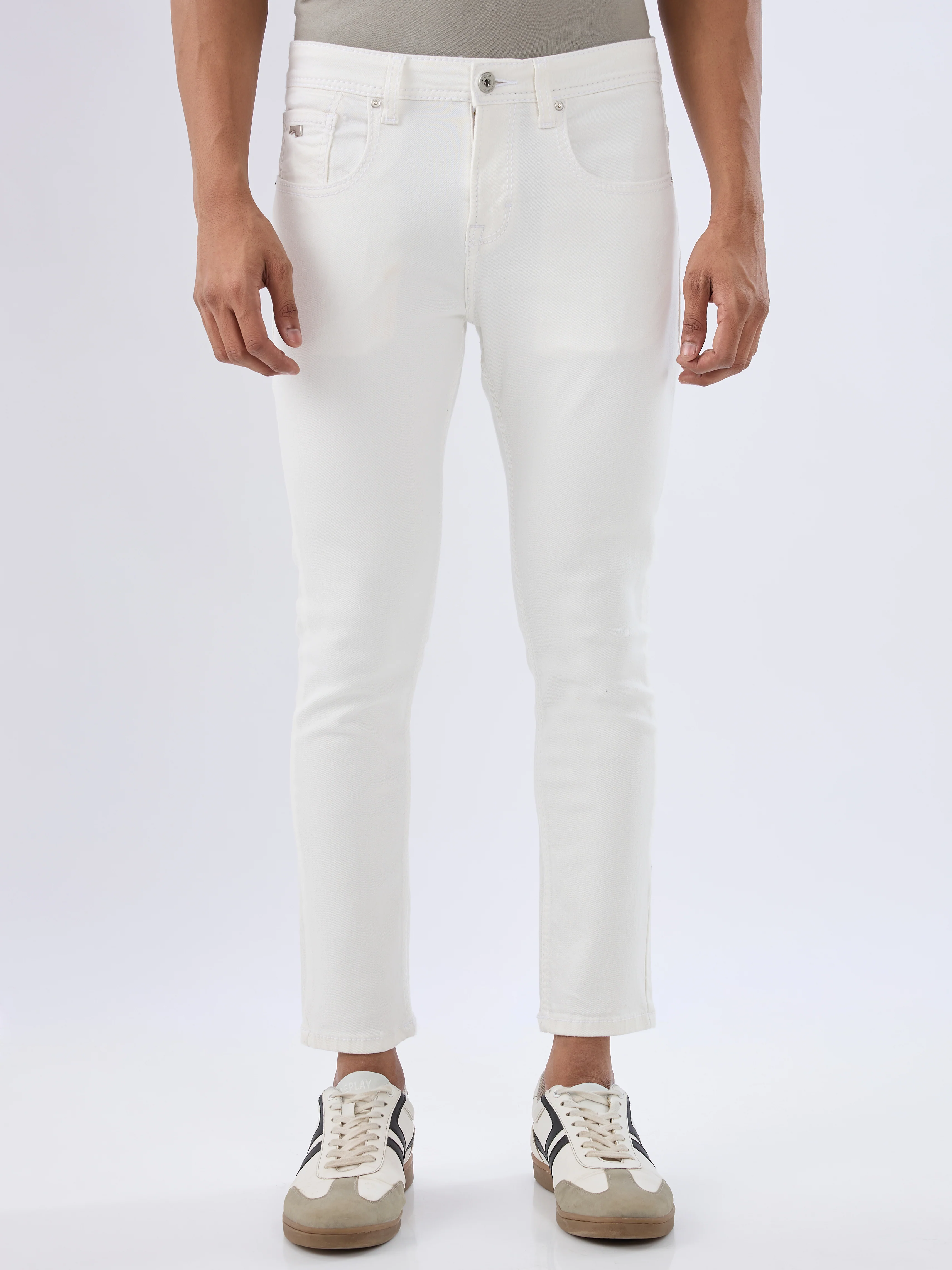 Men Kano Jeans Slim Fit White Mid Rise