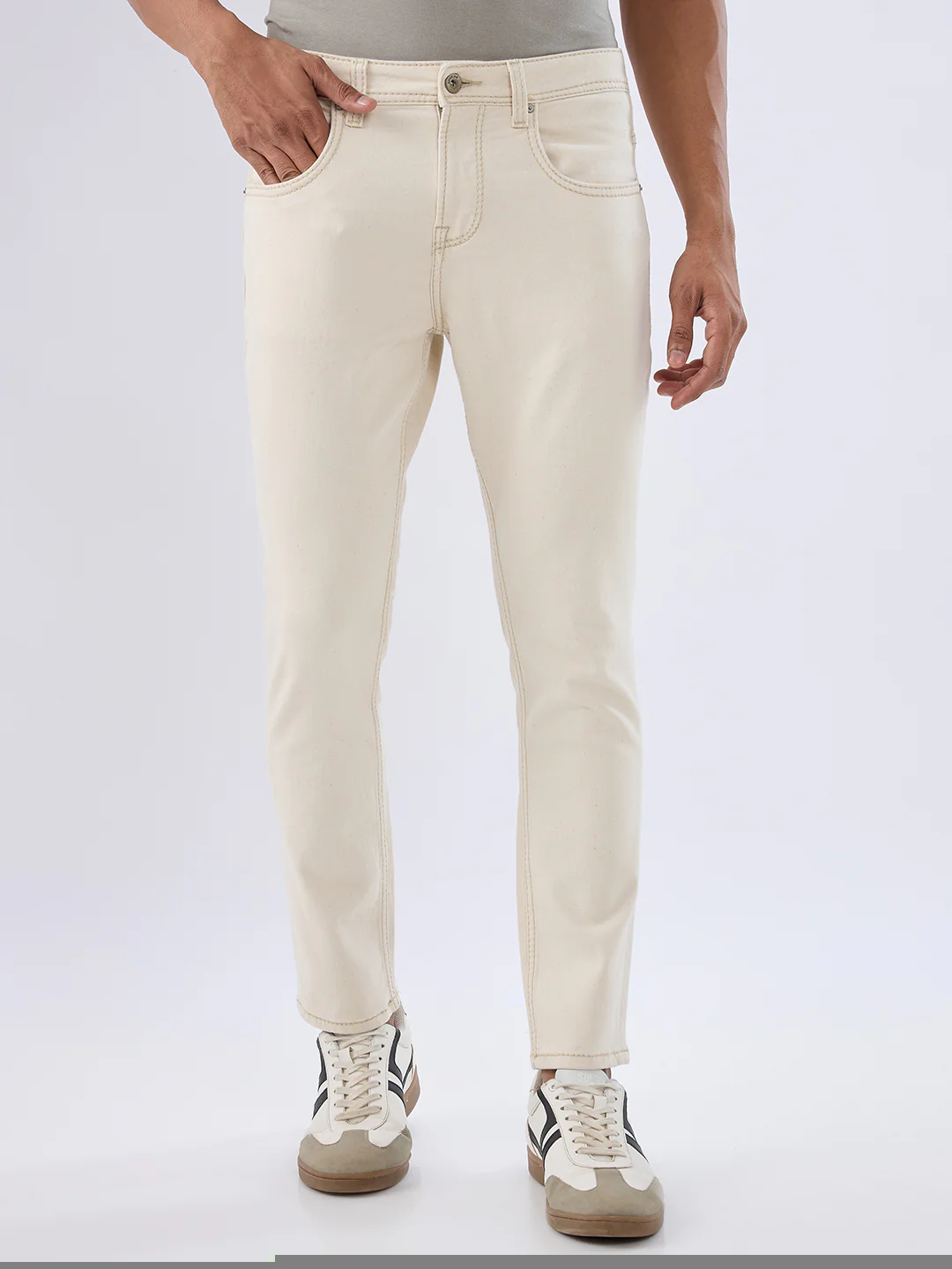 Men Kano Jeans Slim Fit Beige Mid Rise
