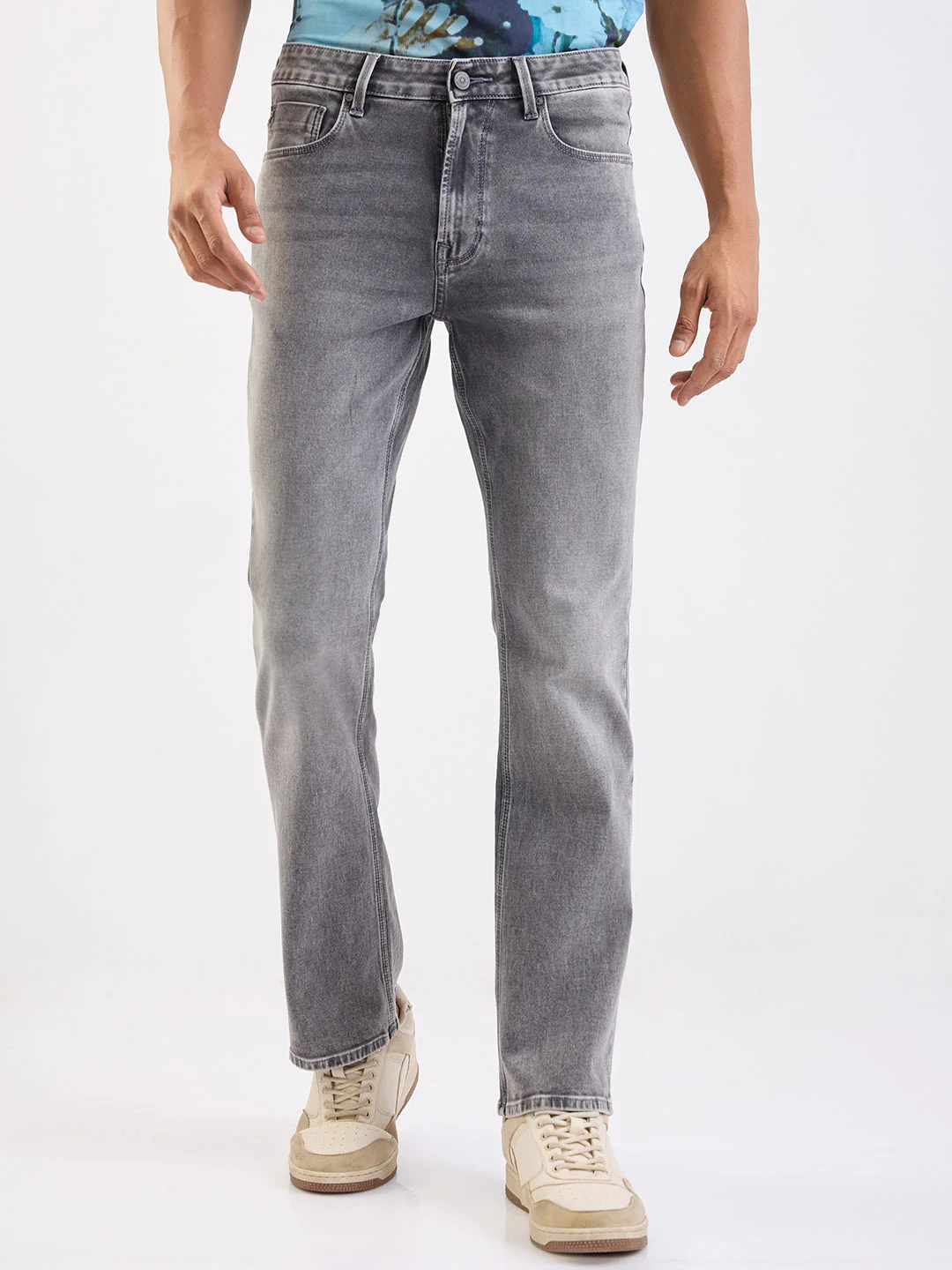 Men Jeans Regular Fit Grey Mid Rise