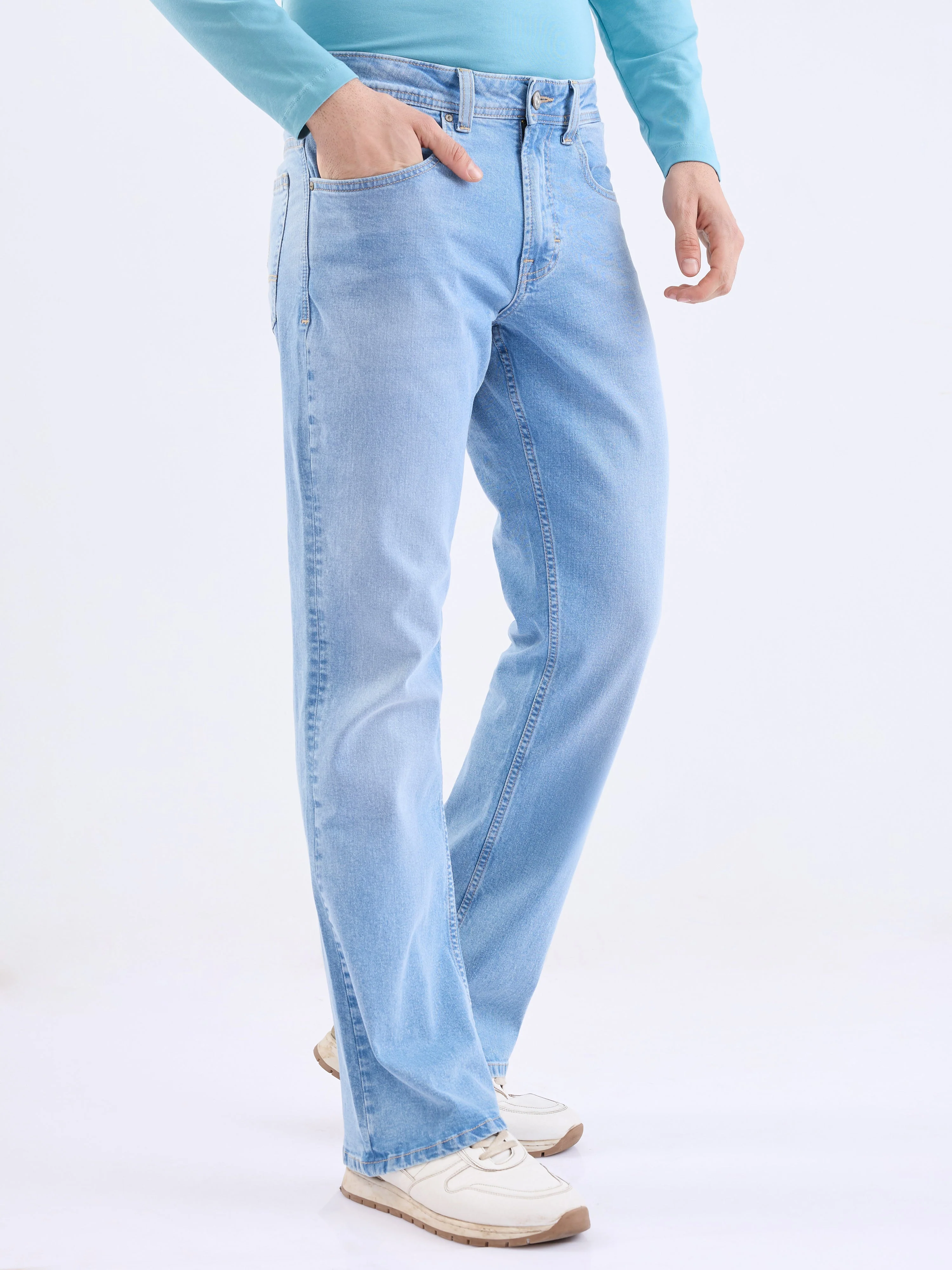 Men Jeans Regular Fit Light Blue Mid Rise - Image 2