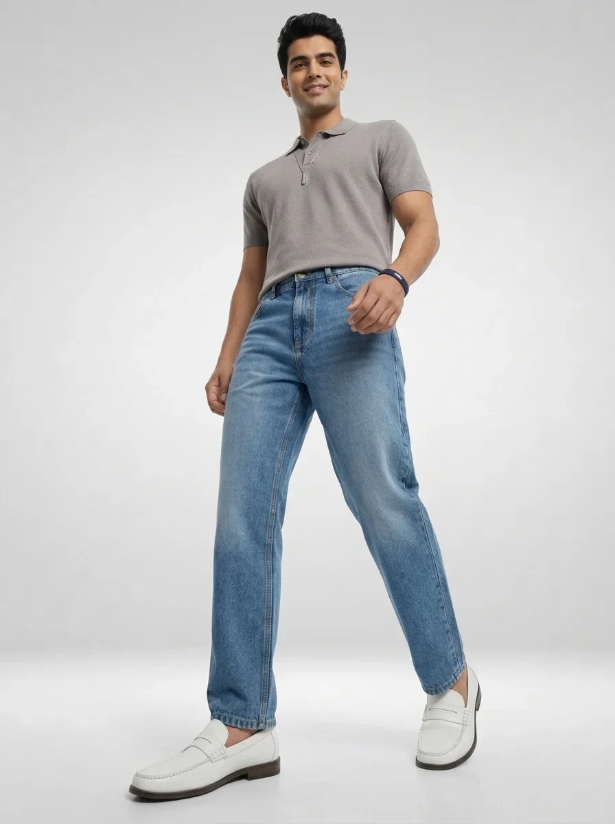 Men Ikemen Jeans Loose Fit Blue Mid Rise