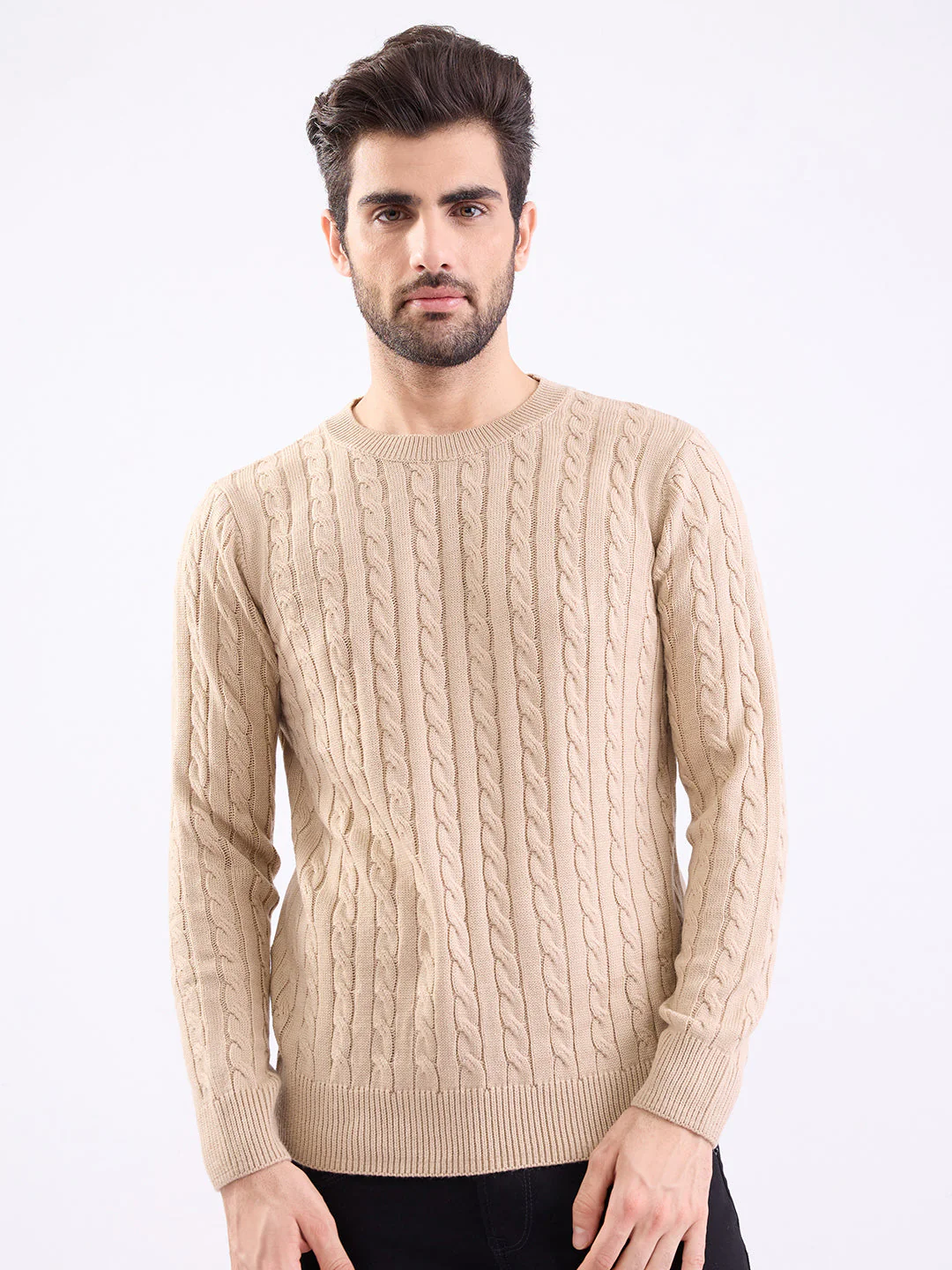Men Sweater Beige Slim Fit - Image 2