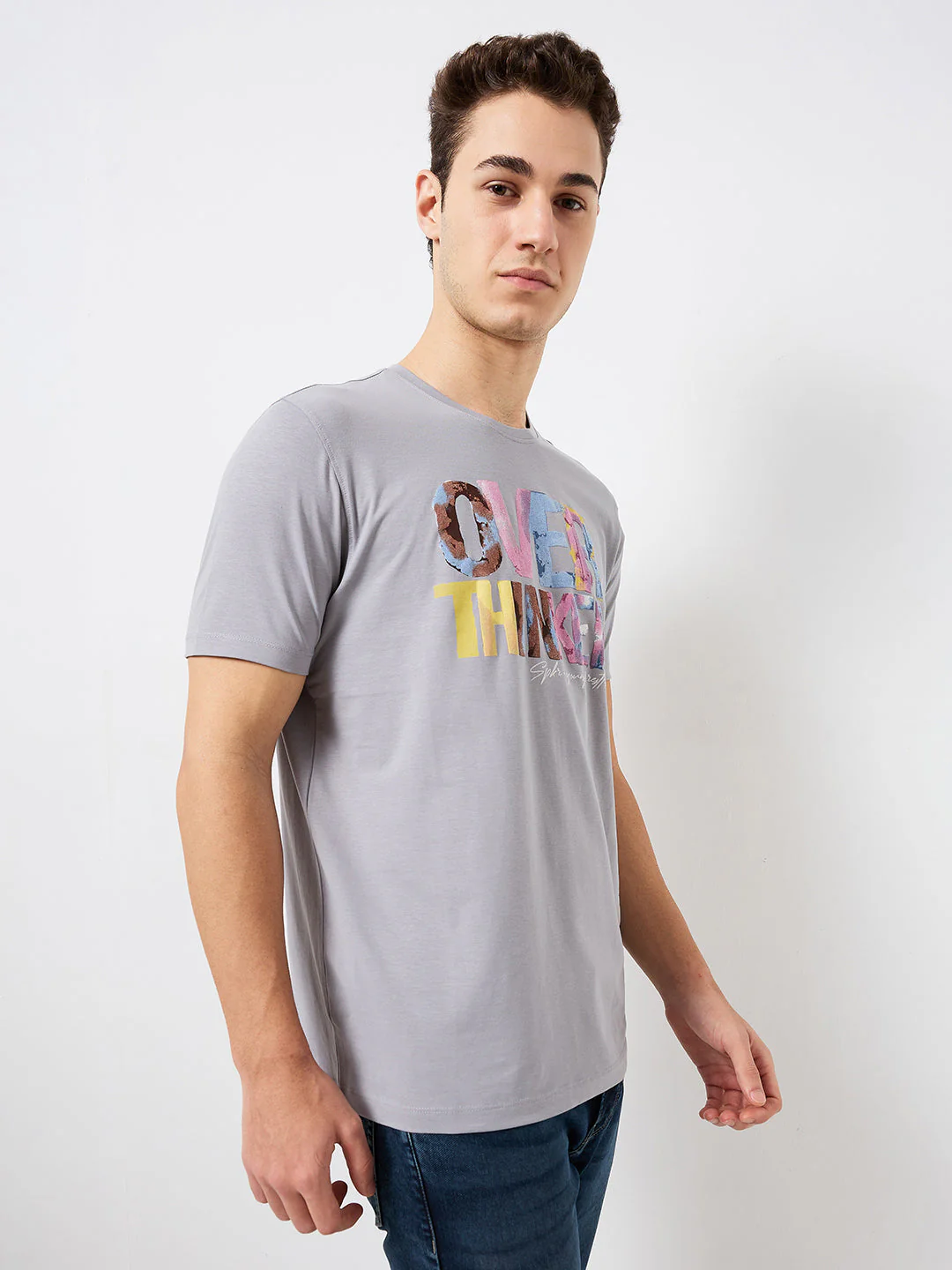 Men T-Shirt Grey Solid Slim Fit - Image 2
