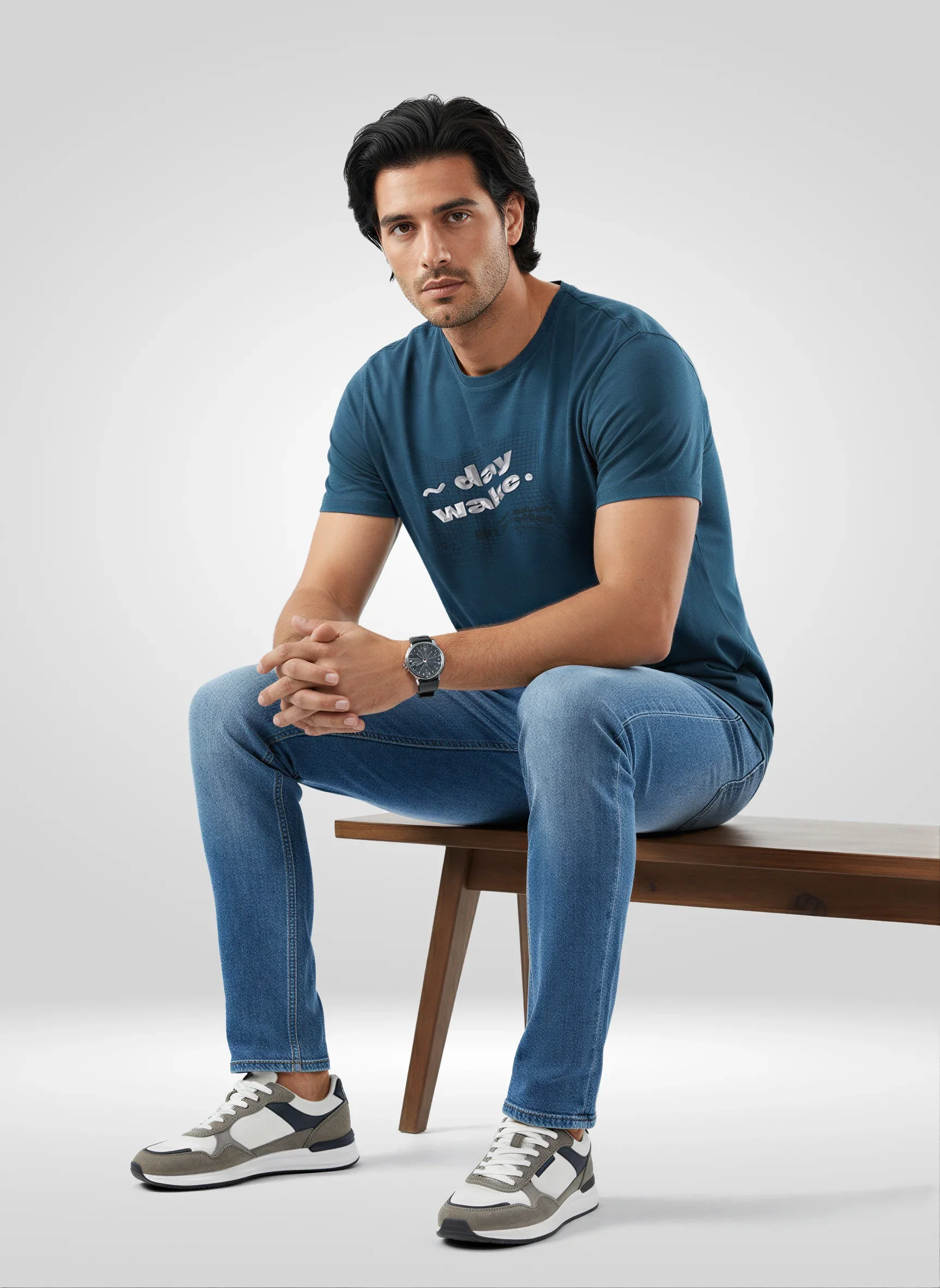 Men T-Shirt Textured Blue Regular Fit - Image 2