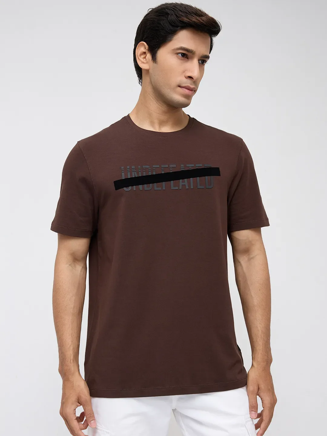 Men T-Shirt Graphic Brown Regular Fit