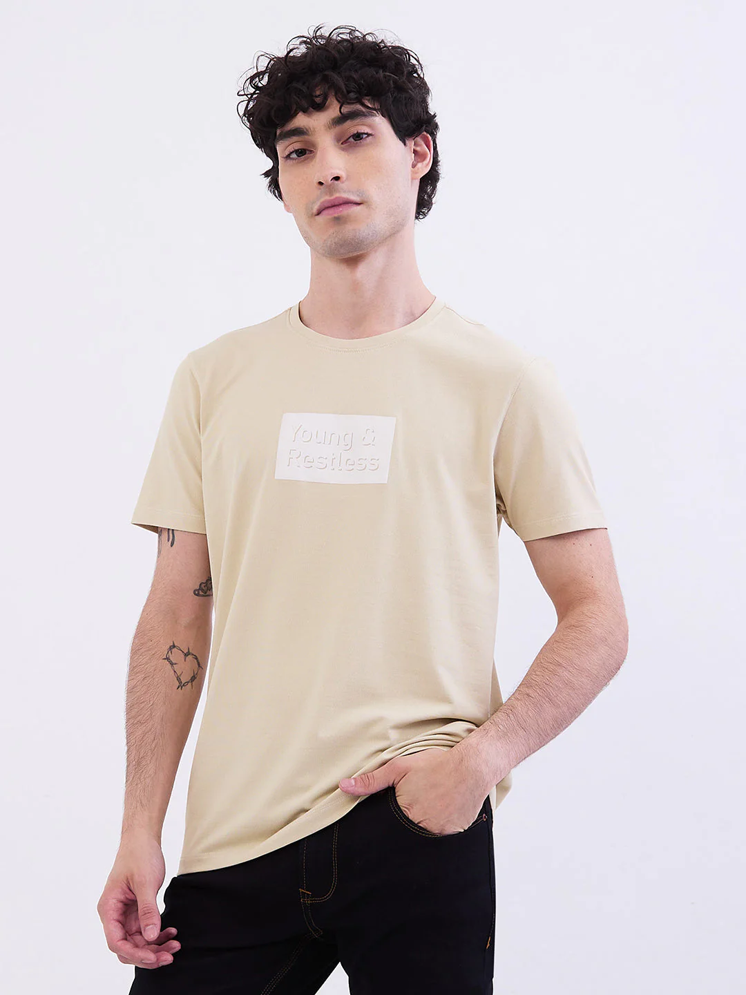Men T-Shirt Beige Slim Fit - Image 3