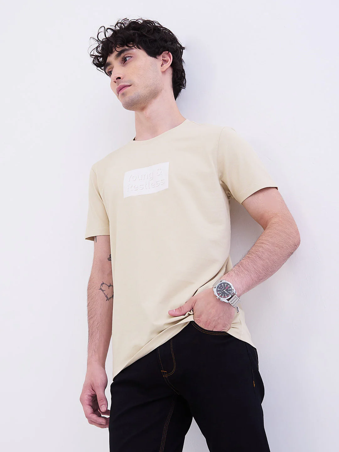 Men T-Shirt Beige Slim Fit - Image 7