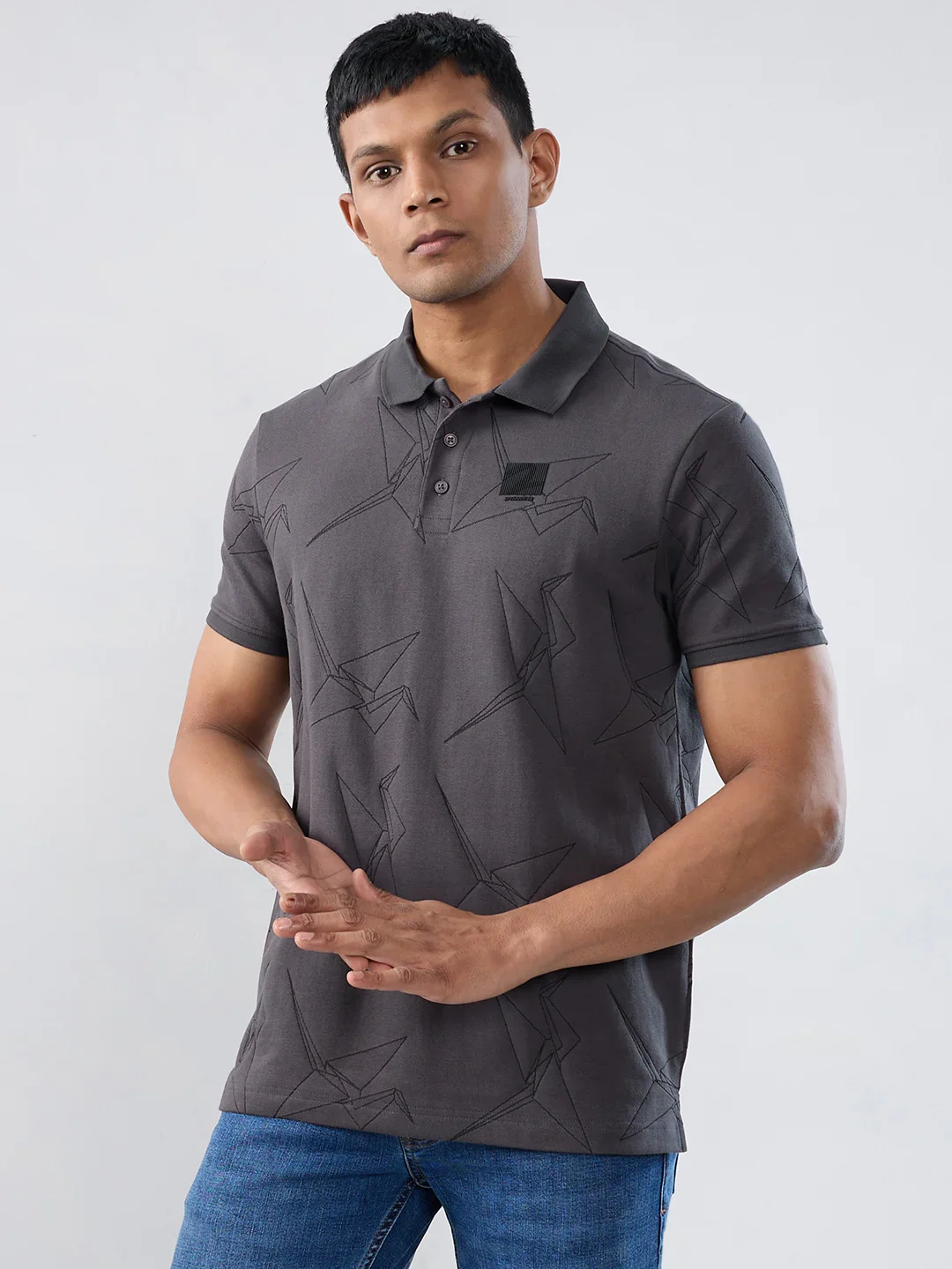 Men T-Shirt Textured Grey Regular Fit - Image 5