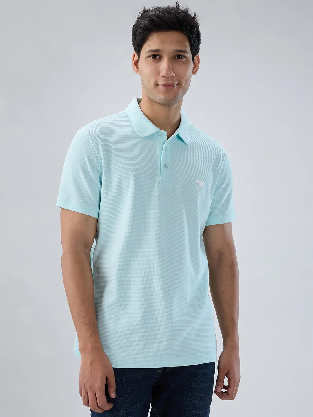 Men T-Shirt Textured Blue Regular Fit