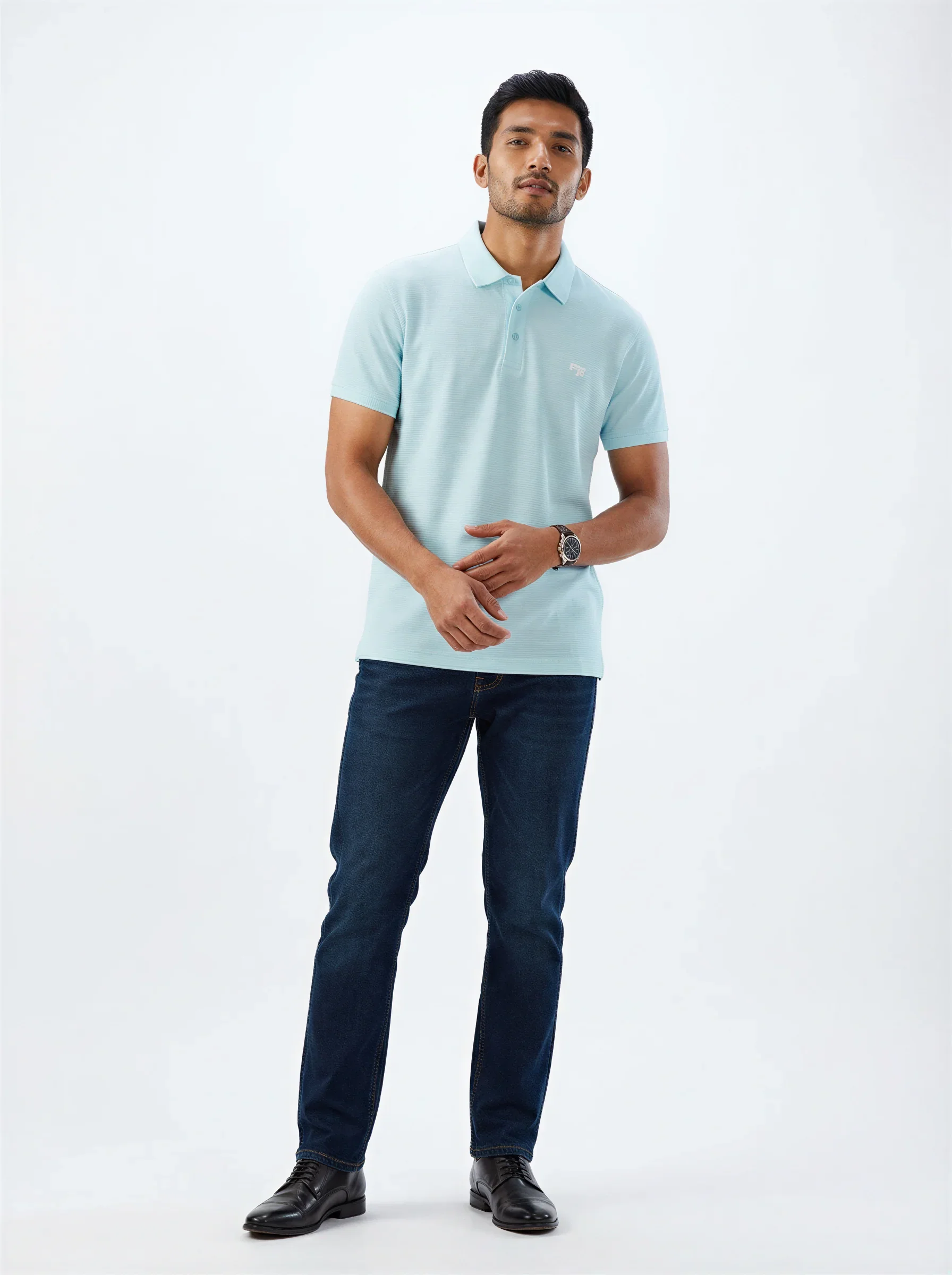 Men T-Shirt Textured Blue Regular Fit - Image 2