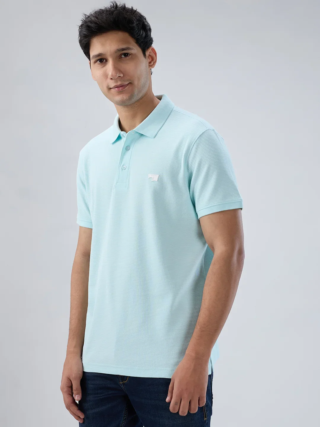 Men T-Shirt Textured Blue Regular Fit - Image 5