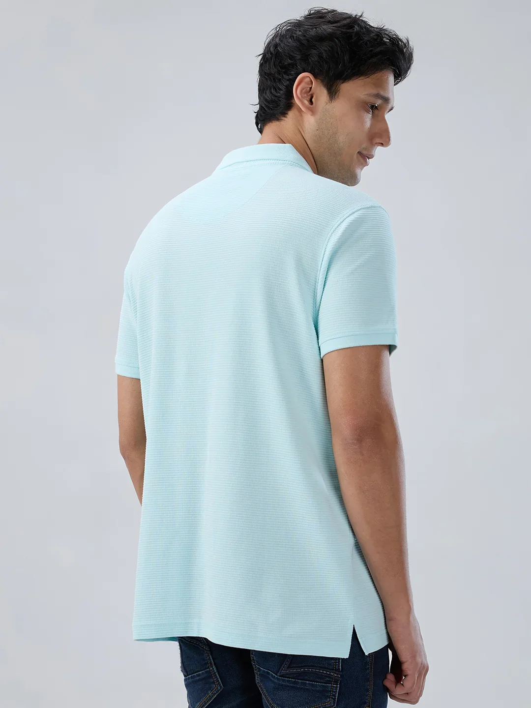 Men T-Shirt Textured Blue Regular Fit - Image 6