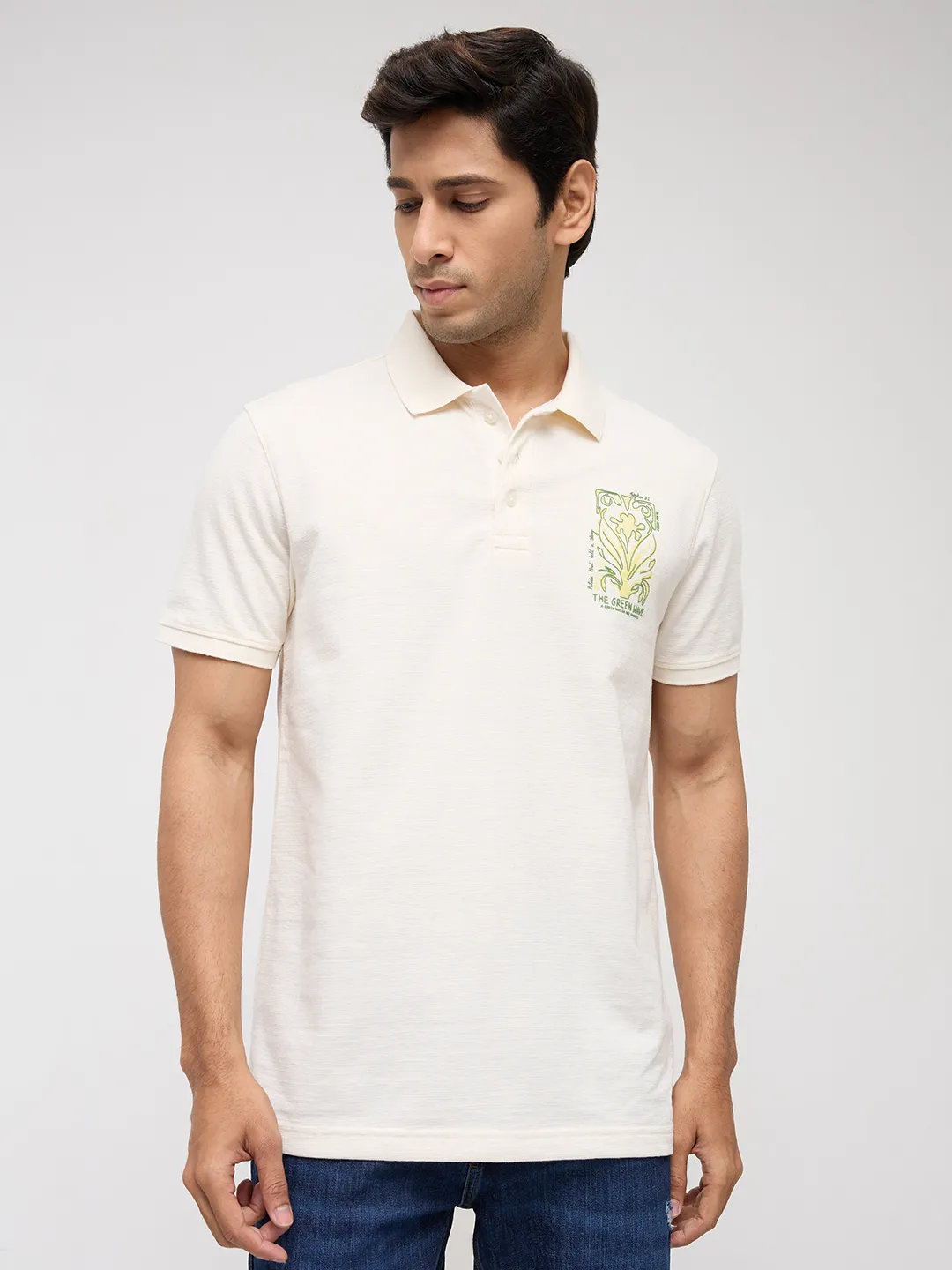 Men T-Shirt Textured Off White Regular Fit