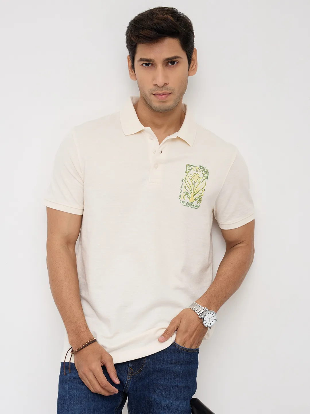 Men T-Shirt Textured Off White Regular Fit - Image 7