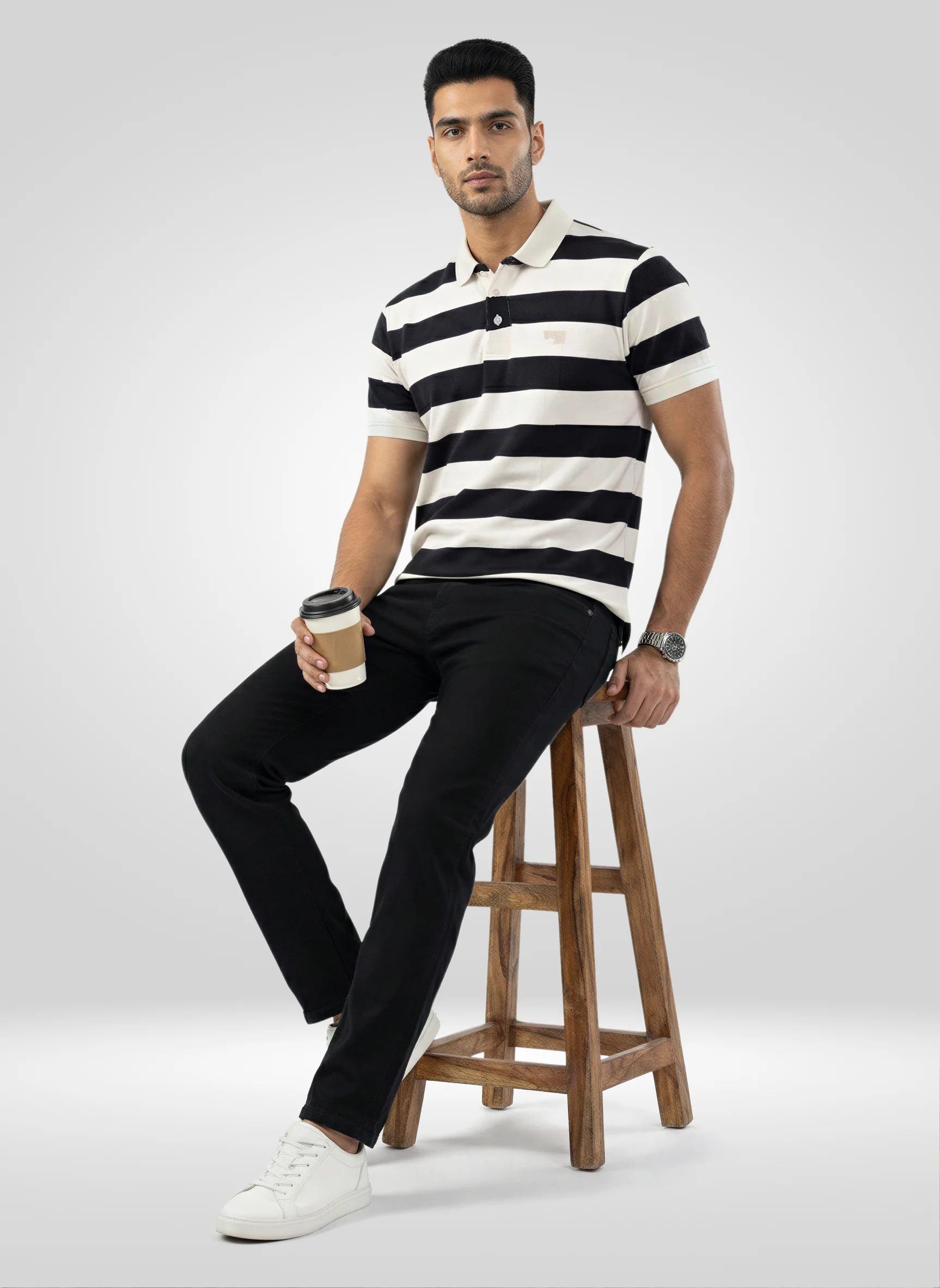 Men T-Shirt Stripe Black Regular Fit - Image 2