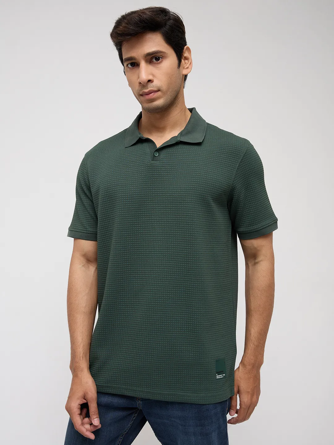 Men T-Shirt Textured Green Regular Fit