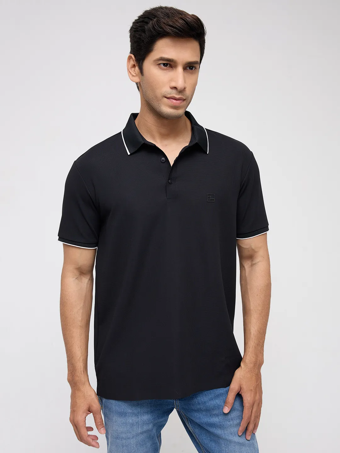 Men T-Shirt Textured Black Regular Fit