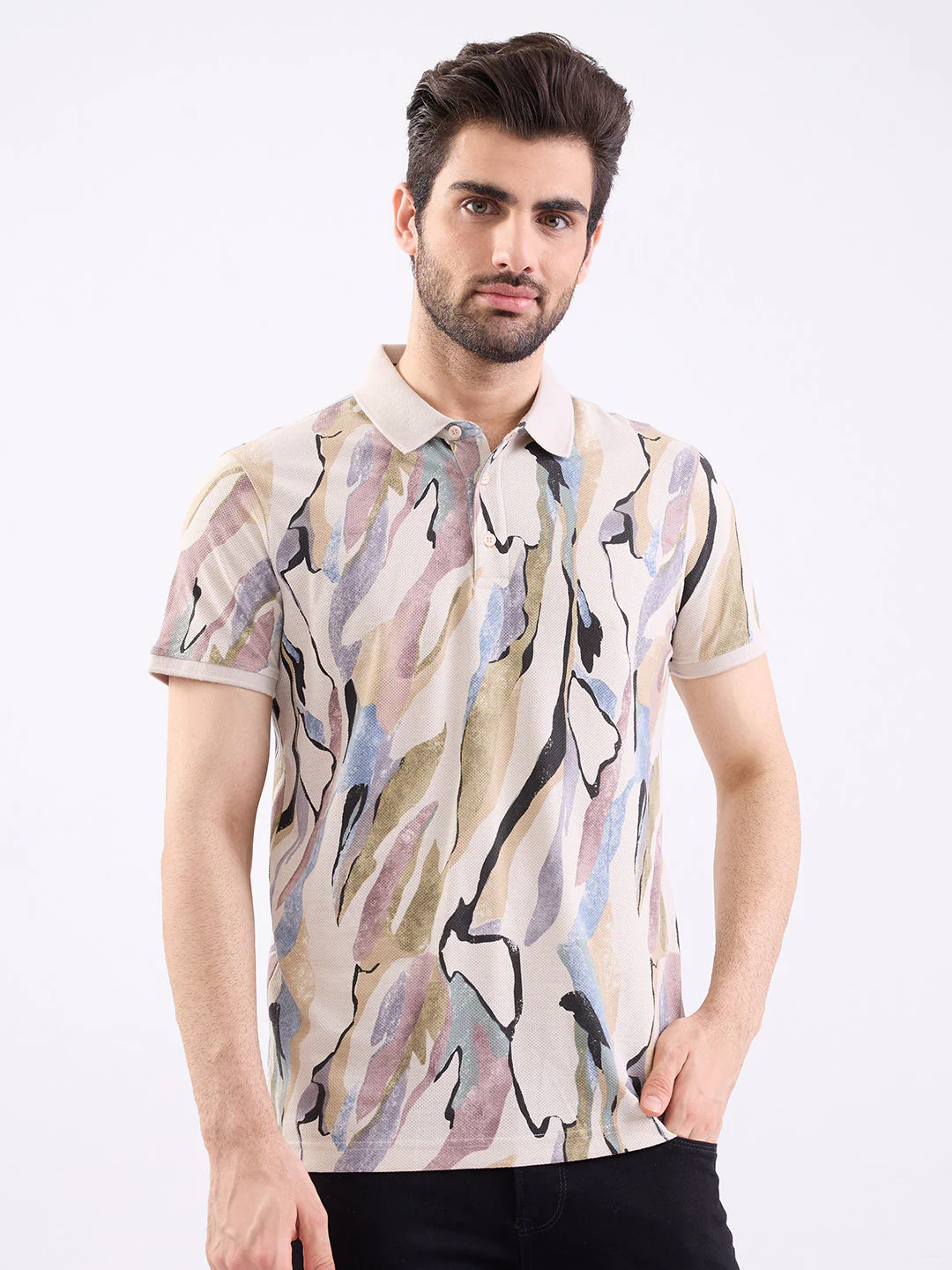 Men T-Shirt Beige Slim Fit - Image 2