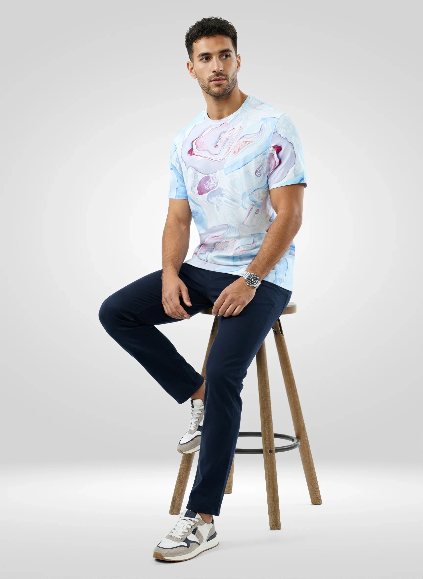 Men T-Shirt Print Blue Regular Fit - Image 2