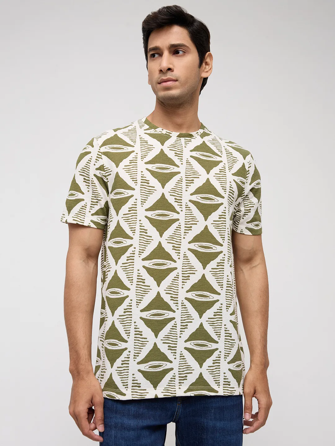 Men T-Shirt Print Green Regular Fit