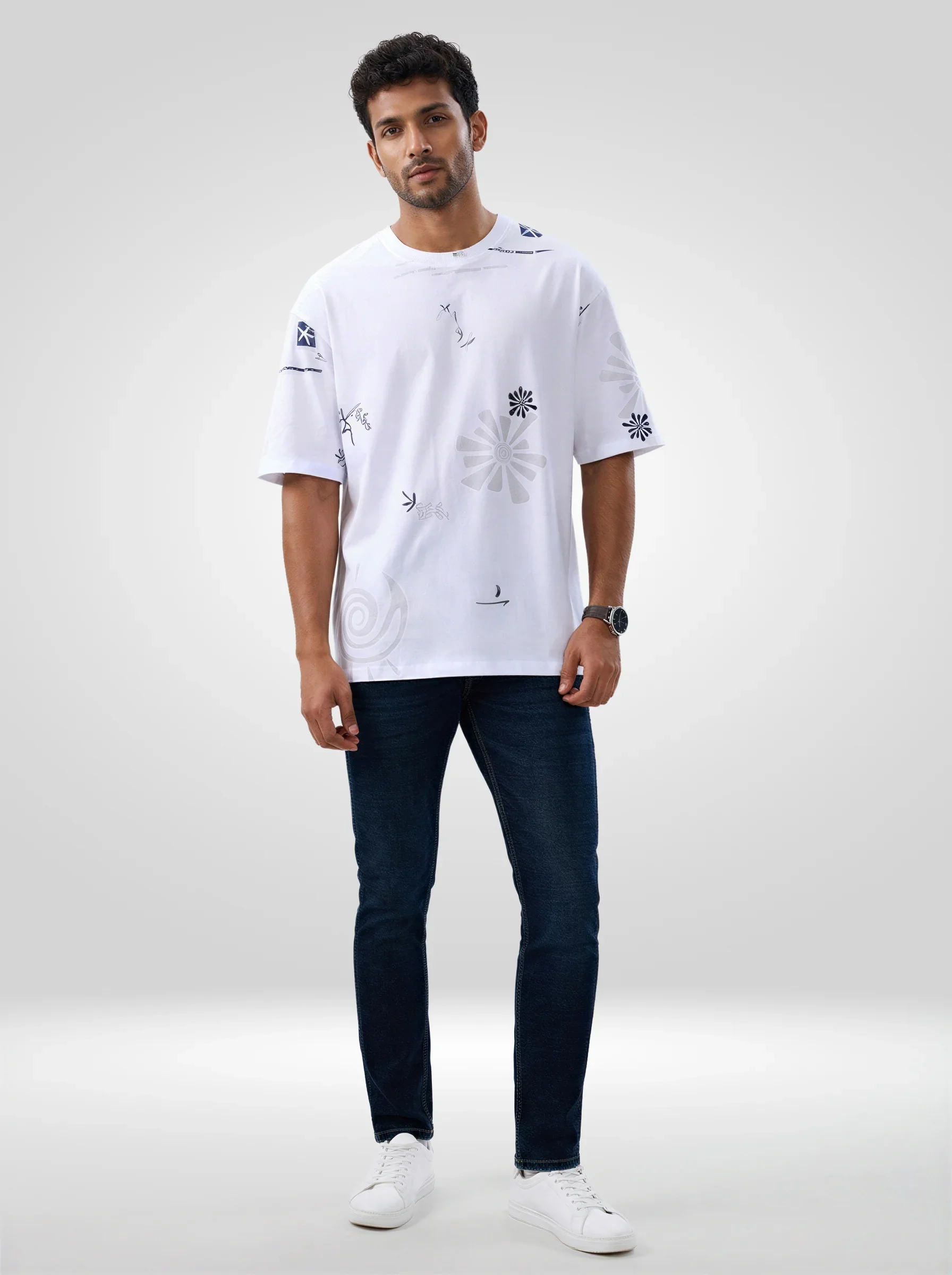 Men T-Shirt Print White Relaxed Fit - Image 2