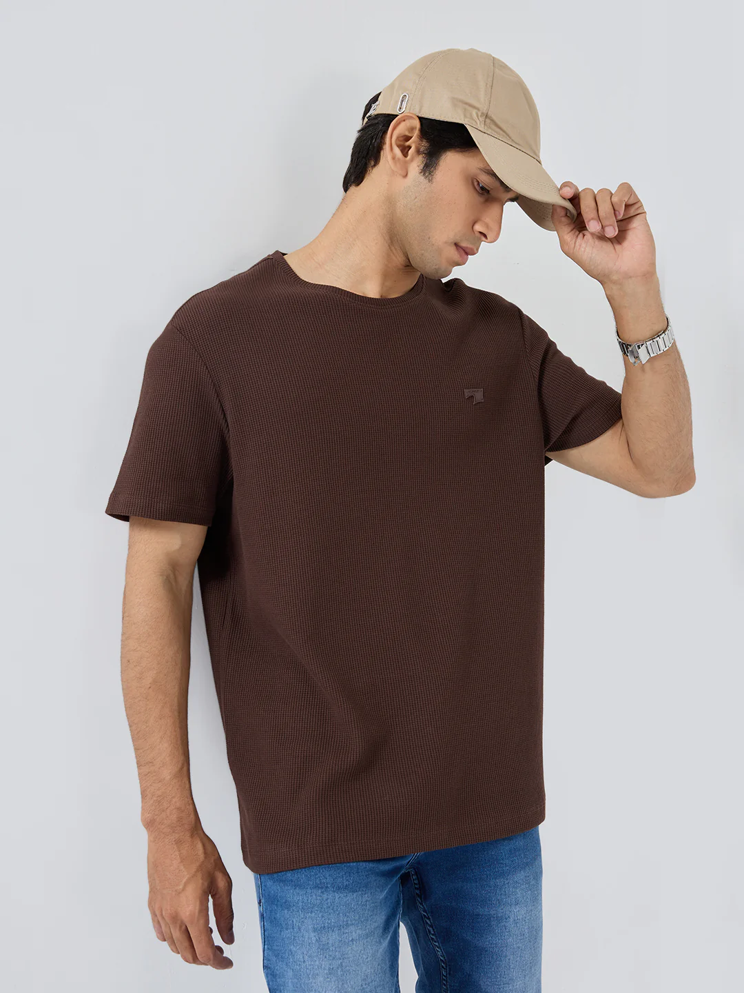 Men T-Shirt Textured Brown Regular Fit - Image 7