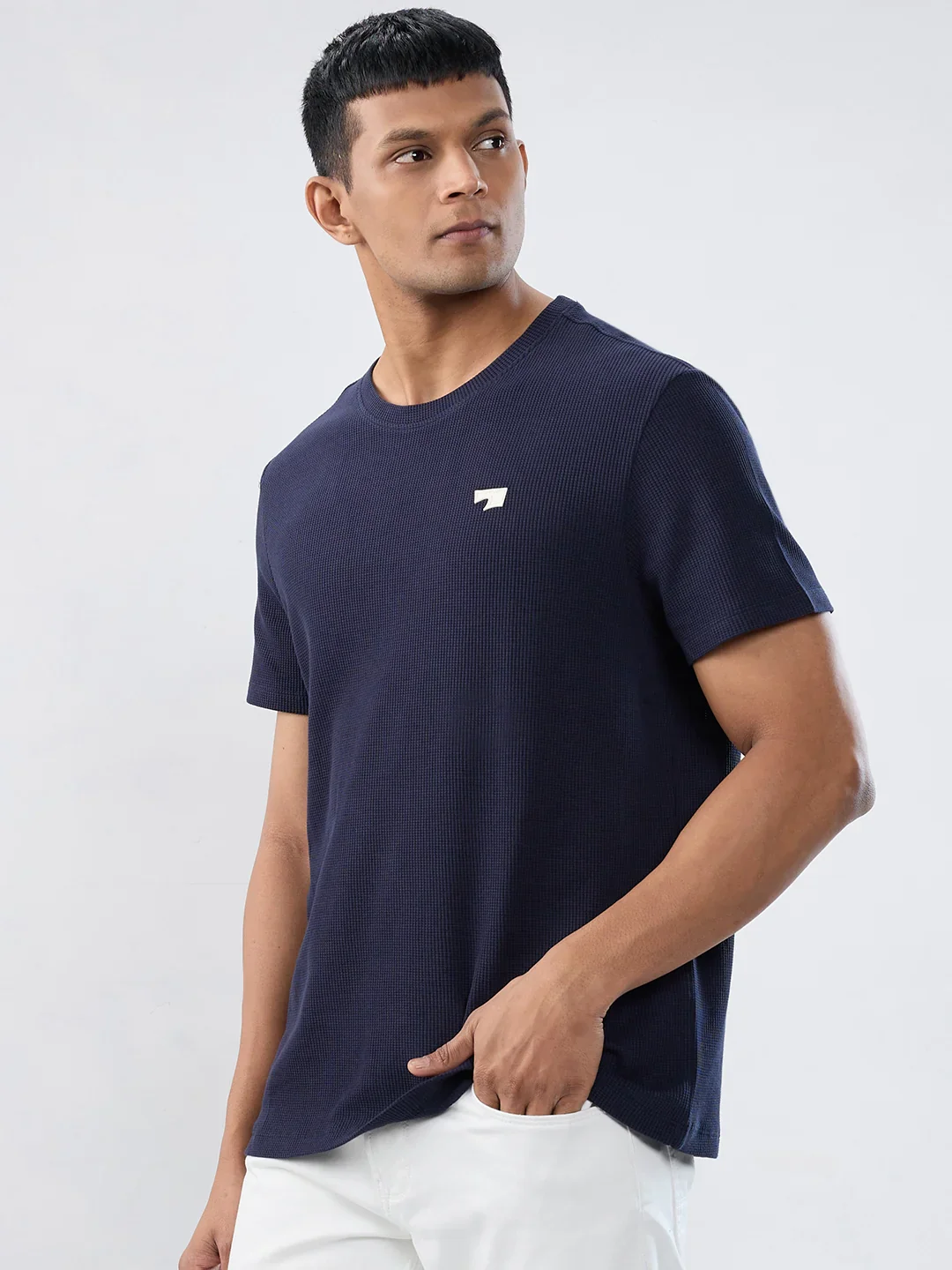 Men T-Shirt Textured Navy Blue Regular Fit - Image 5