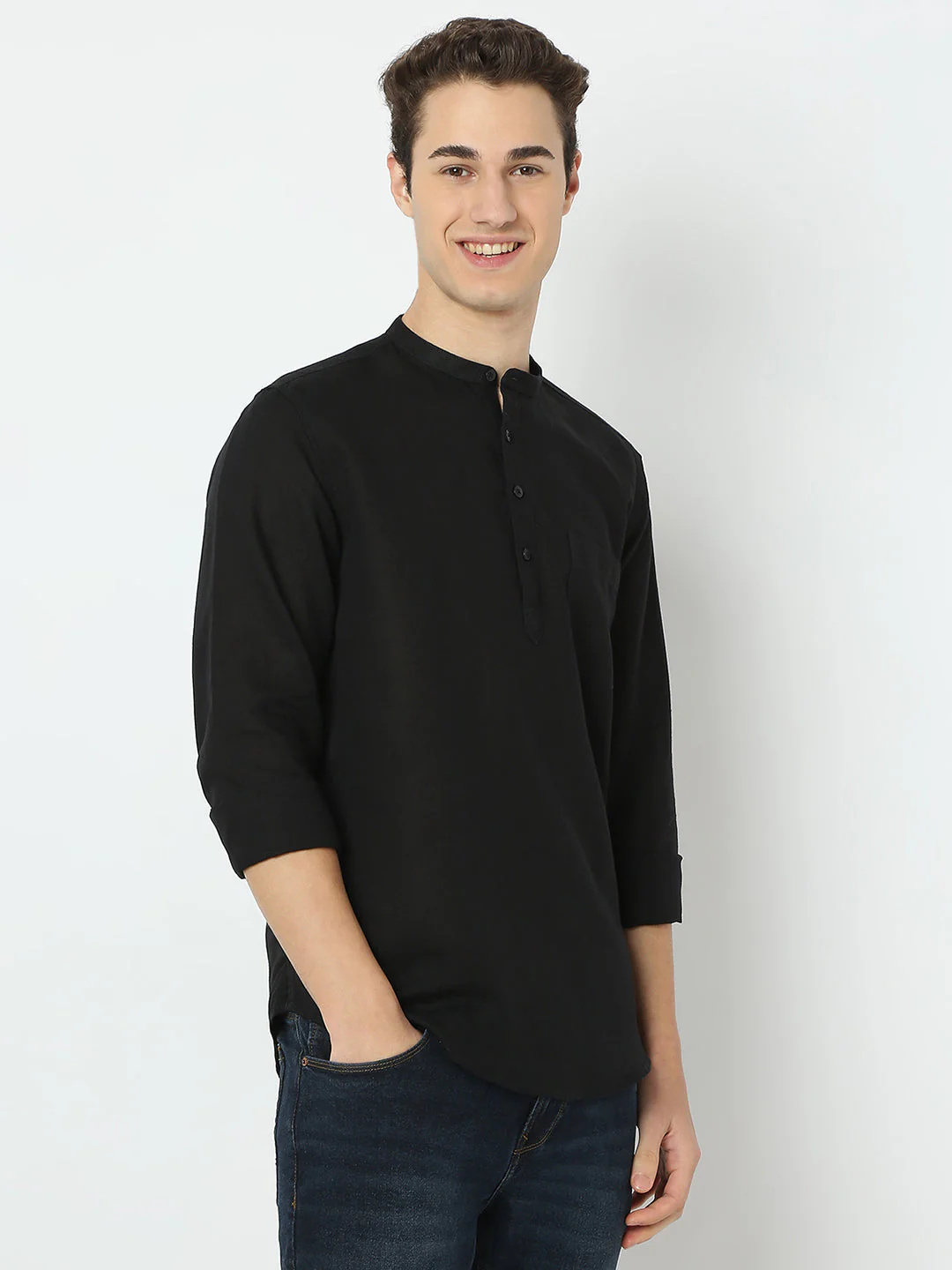 Men Black Linen Solid Kurta - Image 3