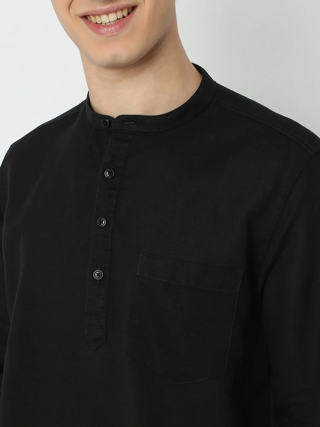 Men Black Linen Solid Kurta - Image 5