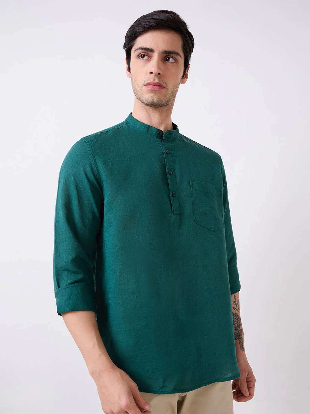Men Green Full Sleeves Slim Fit Solid Kurta - Image 2