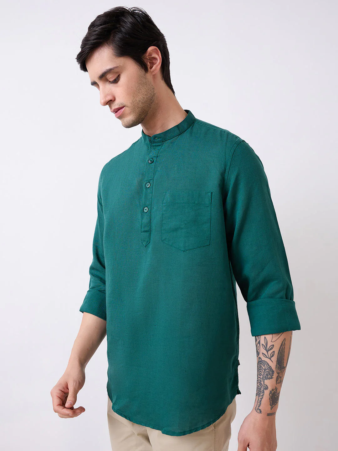 Men Green Full Sleeves Slim Fit Solid Kurta - Image 3