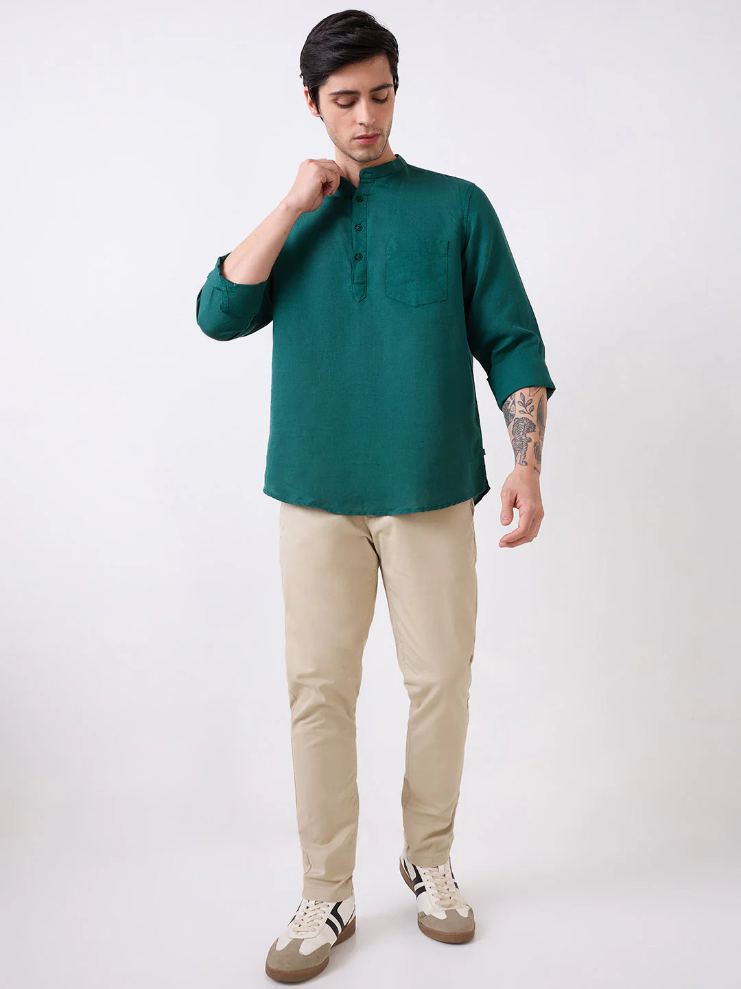 Men Green Full Sleeves Slim Fit Solid Kurta - Image 5