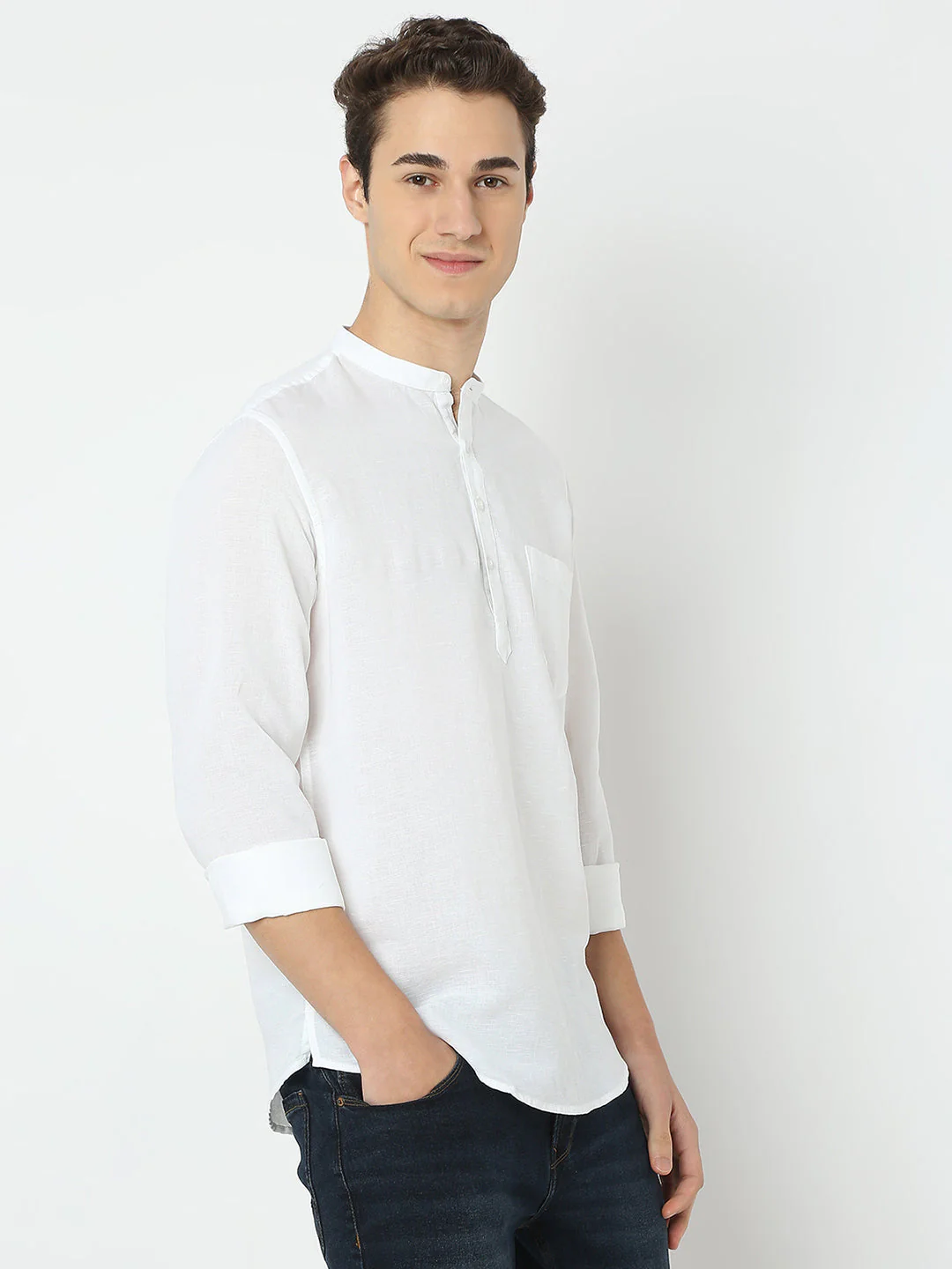 Men White Linen Solid Kurta - Image 3