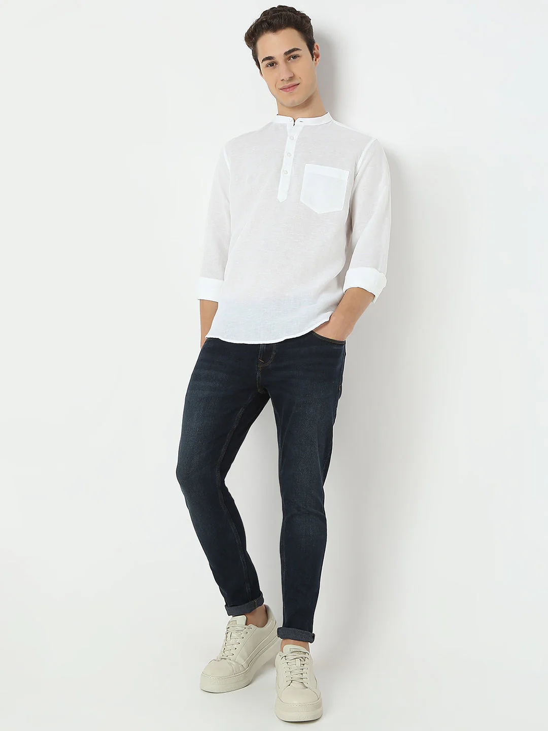 Men White Linen Solid Kurta - Image 6