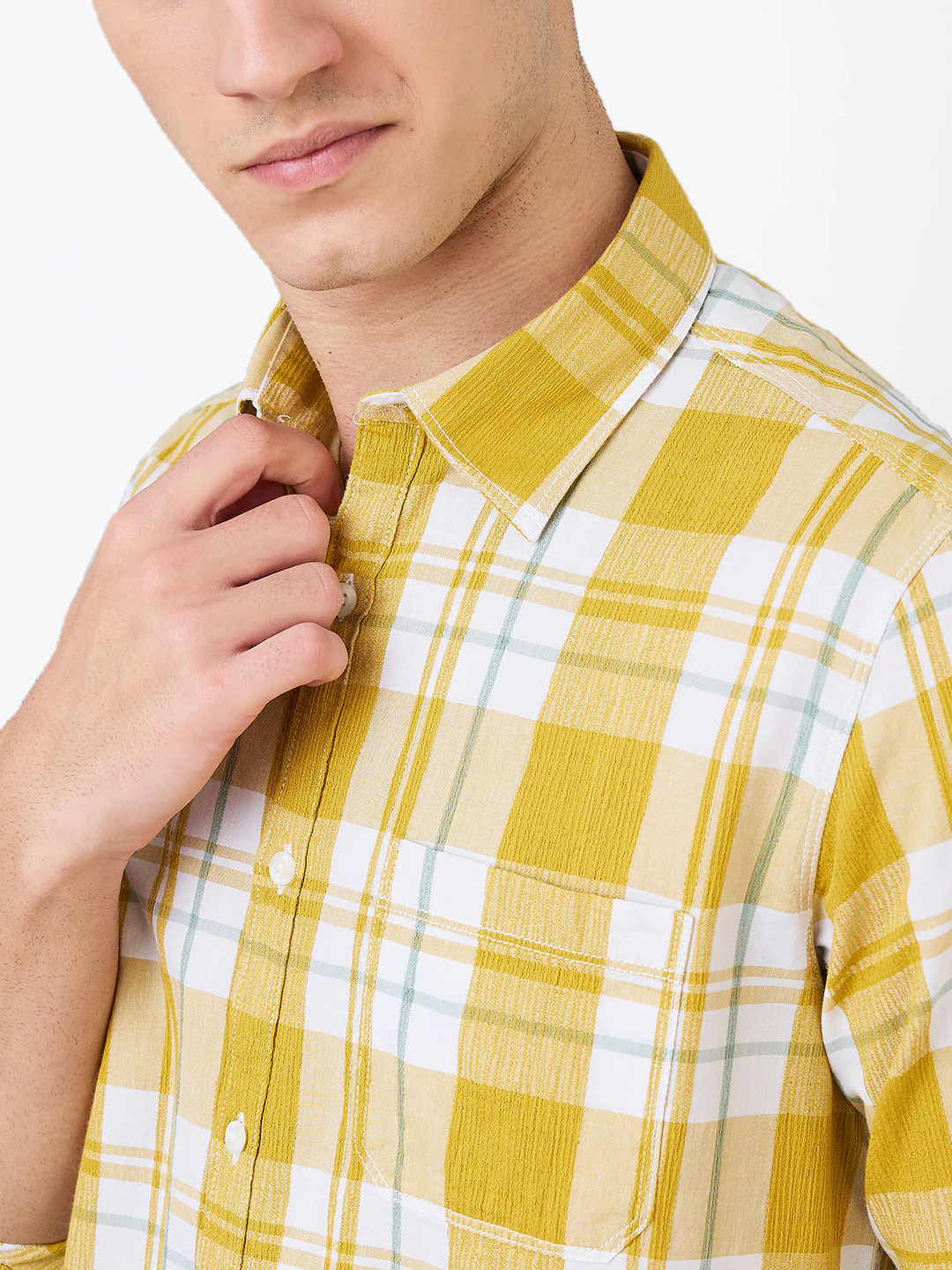 Men Shirt Check Yellow Slim Fit - Image 6