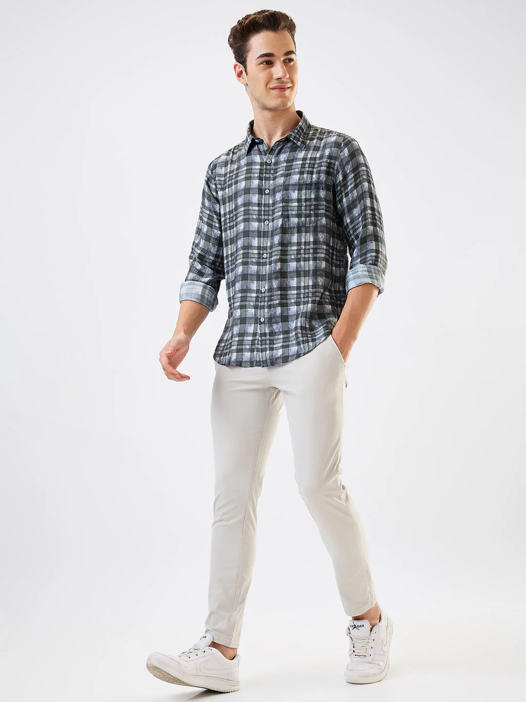 Men Shirt Check Grey Slim Fit - Image 2