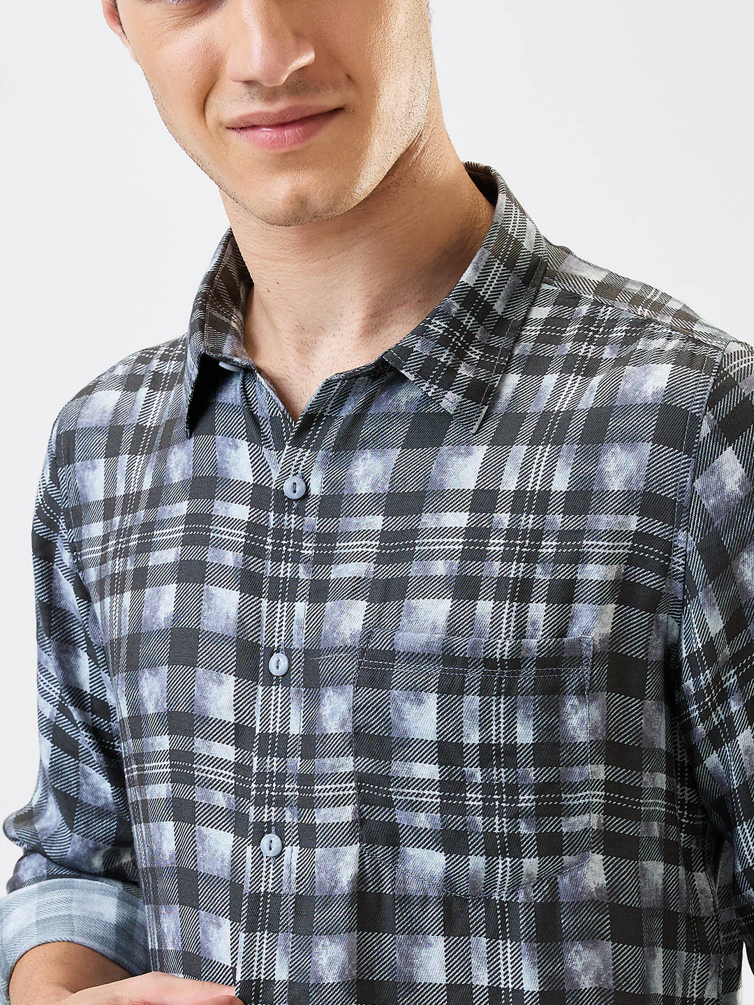 Men Shirt Check Grey Slim Fit - Image 5