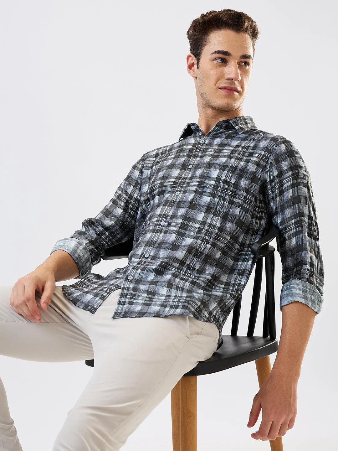 Men Shirt Check Grey Slim Fit - Image 6