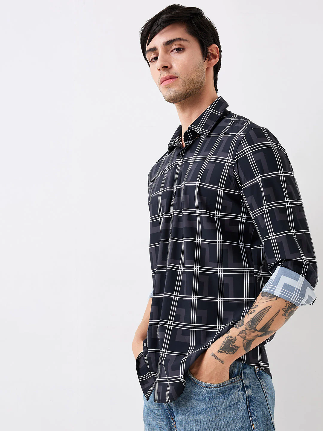 Men Shirt Check Black Slim Fit - Image 3