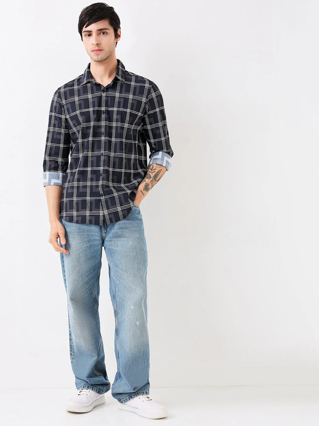 Men Shirt Check Black Slim Fit - Image 5