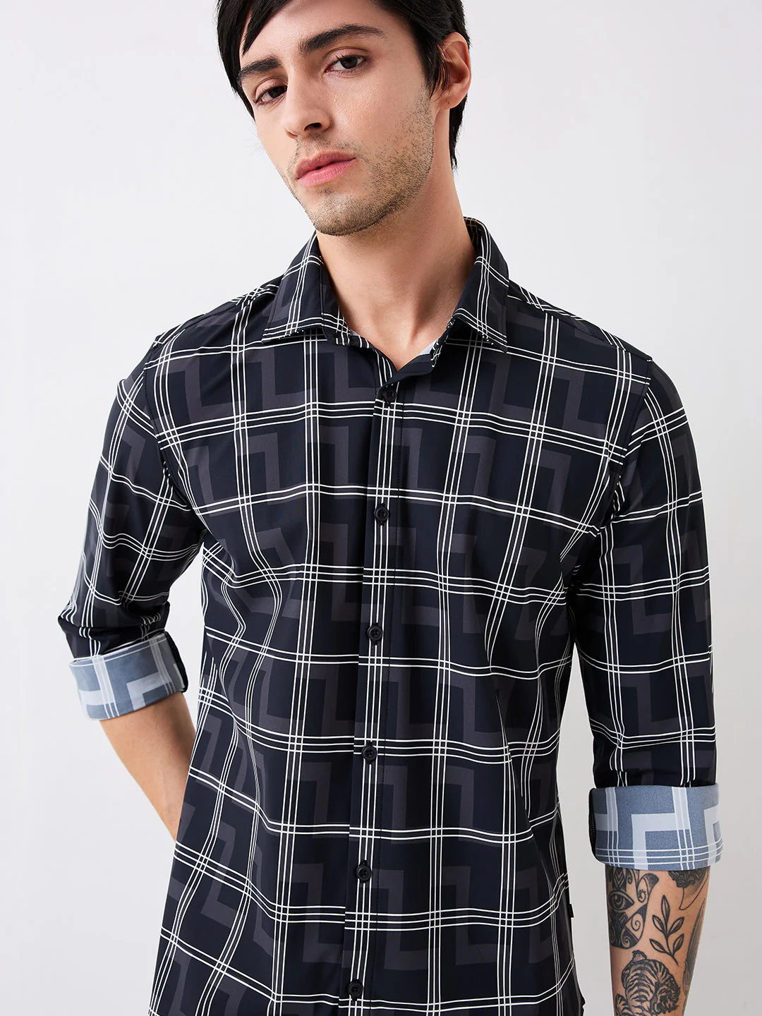 Men Shirt Check Black Slim Fit - Image 6