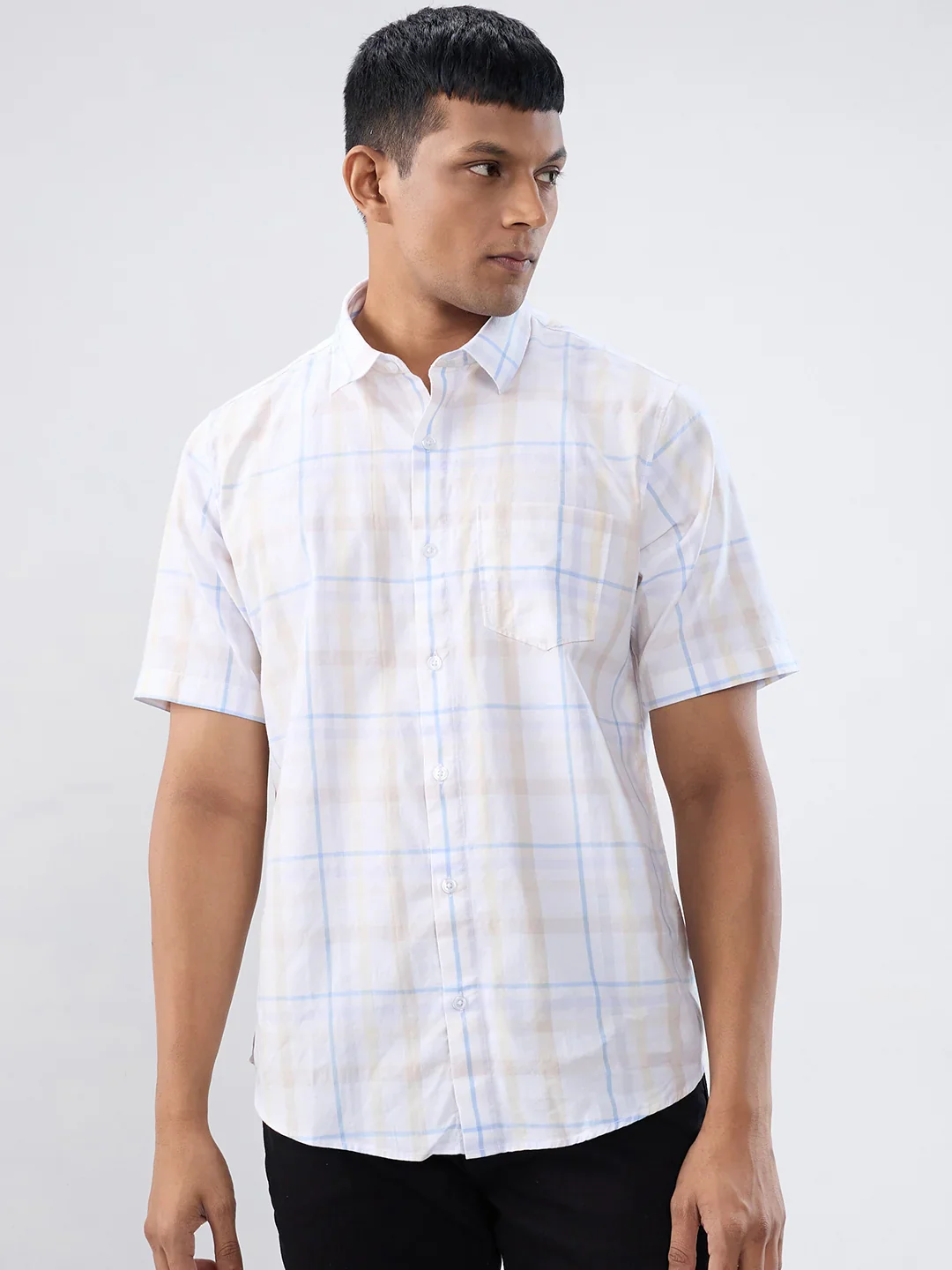 Men Shirt Check Beige Regular Fit