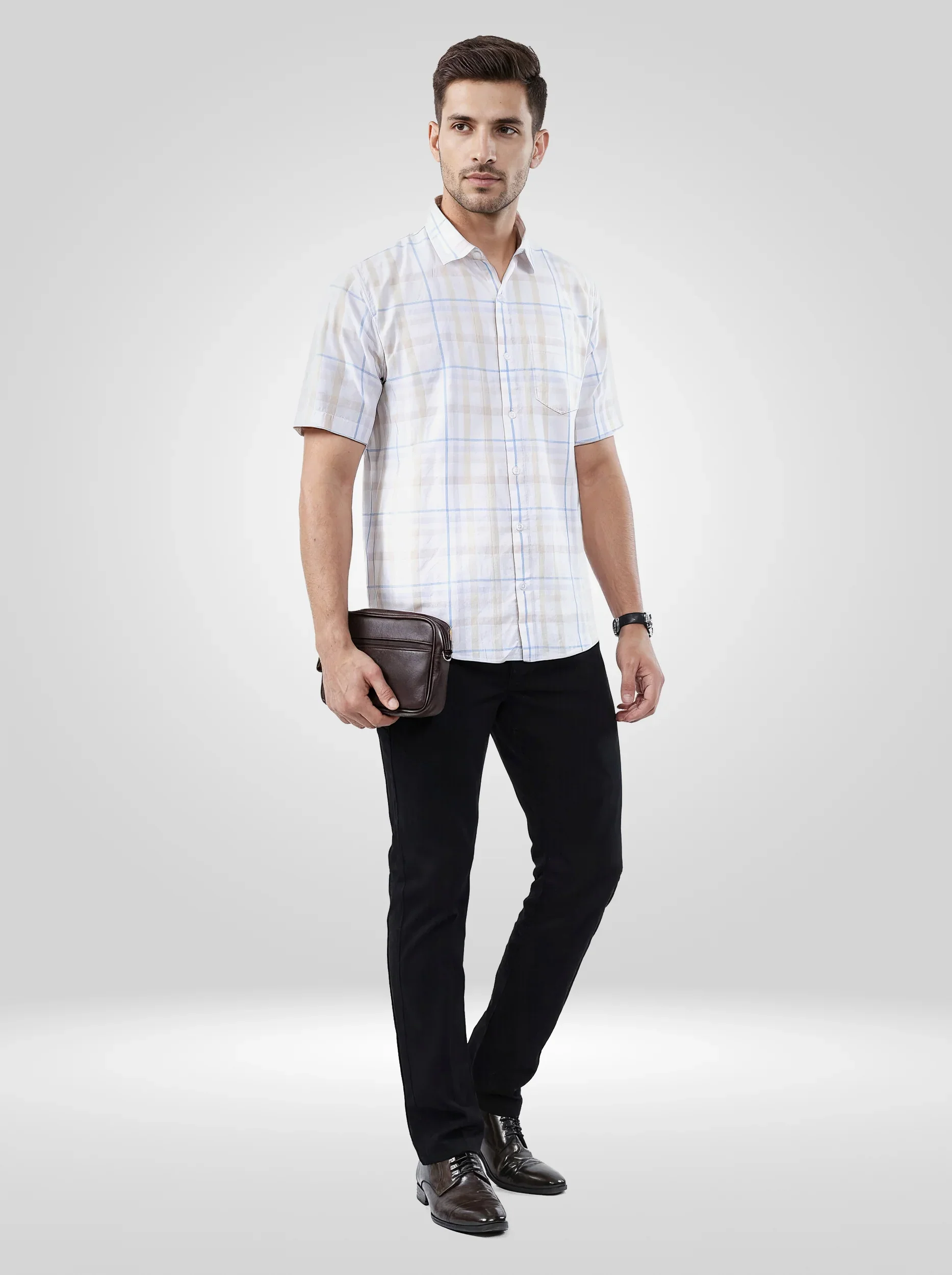 Men Shirt Check Beige Regular Fit - Image 2