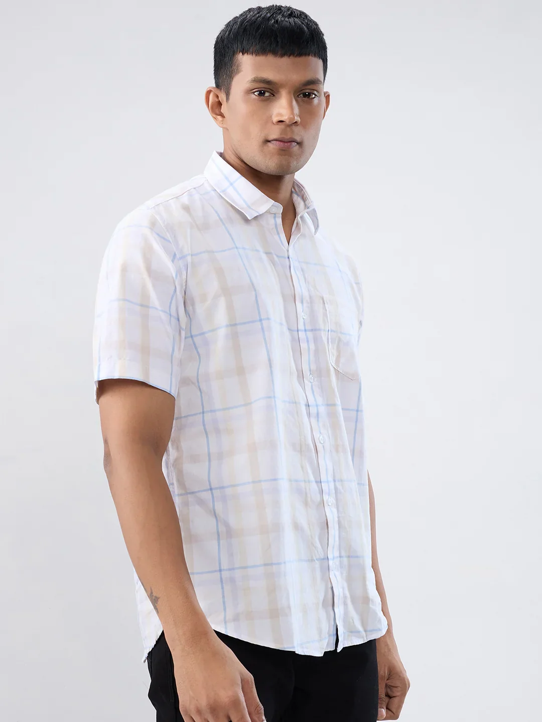 Men Shirt Check Beige Regular Fit - Image 3