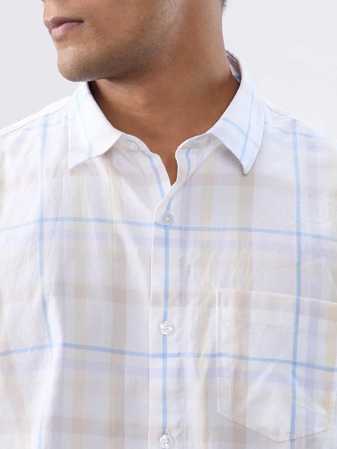 Men Shirt Check Beige Regular Fit - Image 4