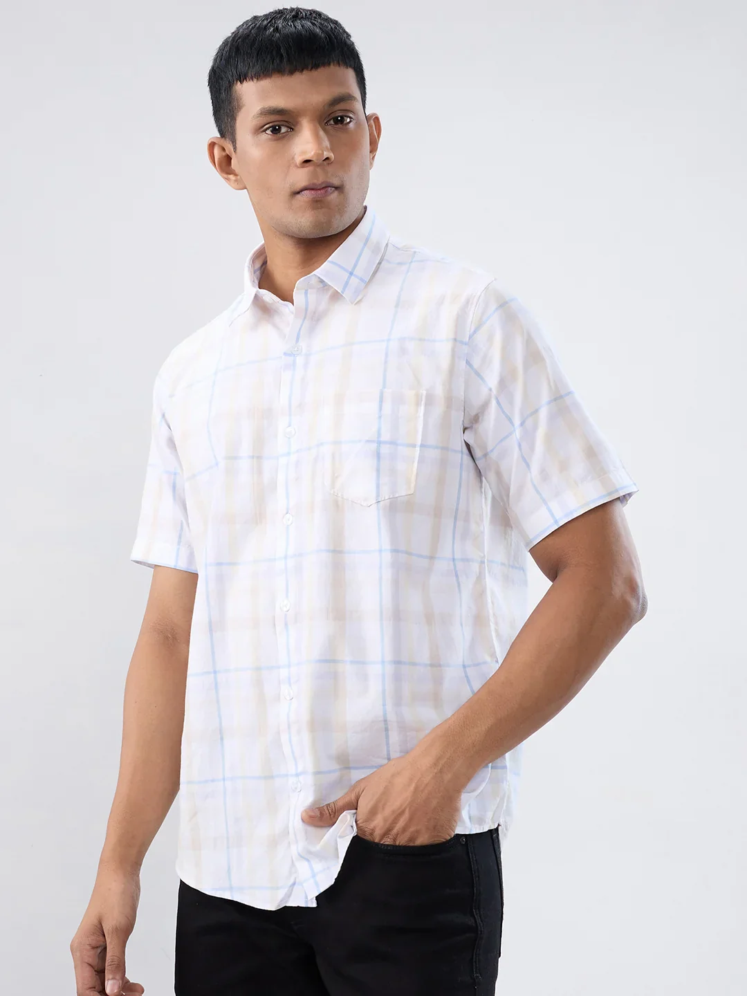 Men Shirt Check Beige Regular Fit - Image 5